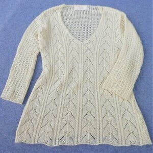 Zara Pointelle Knit Mohair Wool Blend Sweater V Neck Pullover Cream Long L